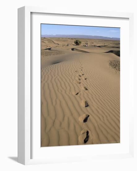 Dunes and Camp Under Tree in the Distance at Erg Al Hatin, Desert Trek, Draa Valley, Morocco-Jenny Pate-Framed Photographic Print