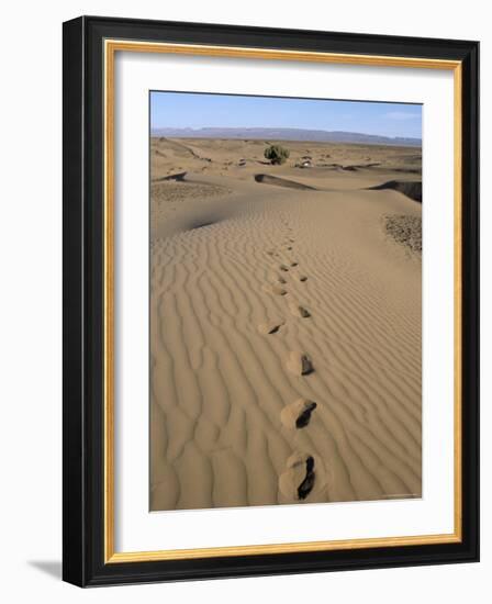 Dunes and Camp Under Tree in the Distance at Erg Al Hatin, Desert Trek, Draa Valley, Morocco-Jenny Pate-Framed Photographic Print