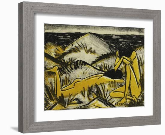 Dunes One Sitting and Girl Lying Down (Two Girls in the Sylt Dunes)-Otto Mueller-Framed Giclee Print