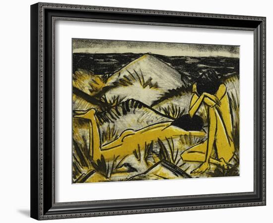 Dunes One Sitting and Girl Lying Down (Two Girls in the Sylt Dunes)-Otto Mueller-Framed Giclee Print