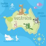 Concept Design Map of Australian Continent with Animals Drawing in Funny Cartoon Style for Kids And-Dunhill-Framed Stretched Canvas