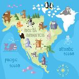 Concept Design Map of North American Continent with Animals Drawing in Funny Cartoon Style for Kids-Dunhill-Art Print