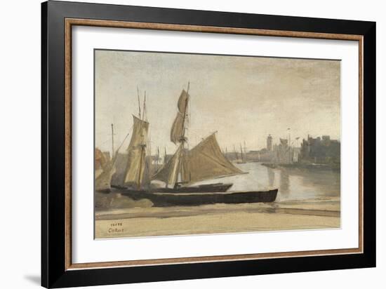 Dunkerque, Fishing Boats Tied to the Wharf, C.1830 (Oil on Laid Paper, Mounted on Canvas)-Jean Baptiste Camille Corot-Framed Giclee Print