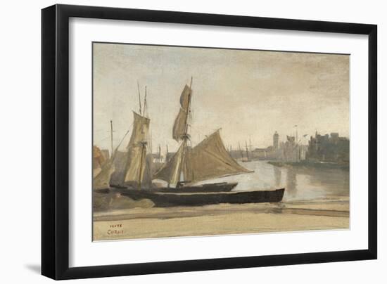 Dunkerque, Fishing Boats Tied to the Wharf, C.1830 (Oil on Laid Paper, Mounted on Canvas)-Jean Baptiste Camille Corot-Framed Giclee Print