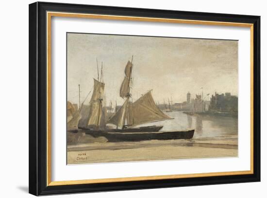 Dunkerque, Fishing Boats Tied to the Wharf, C.1830 (Oil on Laid Paper, Mounted on Canvas)-Jean Baptiste Camille Corot-Framed Giclee Print