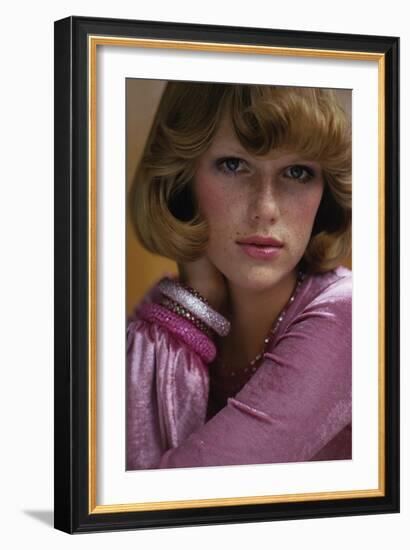 Duplicate- Head Shot of Model Patti Hansen Wearing Pink Alley Cat by Betsey Johnson-Rico Puhlmann-Framed Premium Giclee Print
