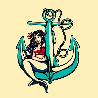 Pretty Siren Mermaid Pin up Girl Sitting on Anchor, Sailor Old School Style  Tattoo Vector Illustrat' Art Print - durantelallera 