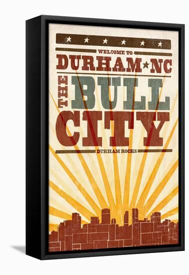 Durham, North Carolina - Skyline and Sunburst Screenprint Style-Lantern Press-Framed Stretched Canvas