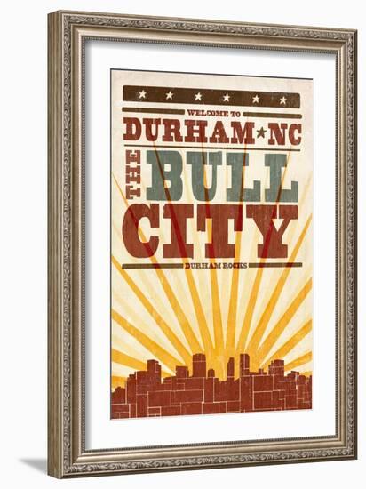 Durham, North Carolina - Skyline and Sunburst Screenprint Style-Lantern Press-Framed Art Print