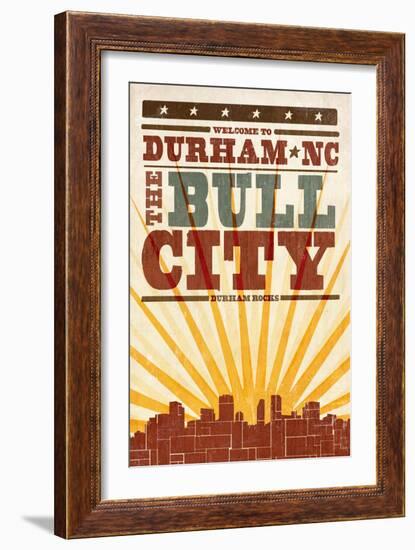 Durham, North Carolina - Skyline and Sunburst Screenprint Style-Lantern Press-Framed Art Print