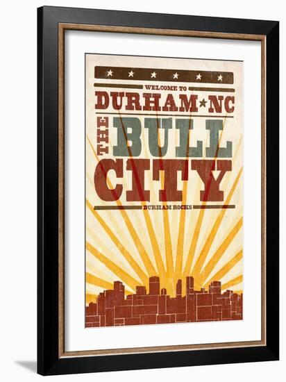 Durham, North Carolina - Skyline and Sunburst Screenprint Style-Lantern Press-Framed Art Print