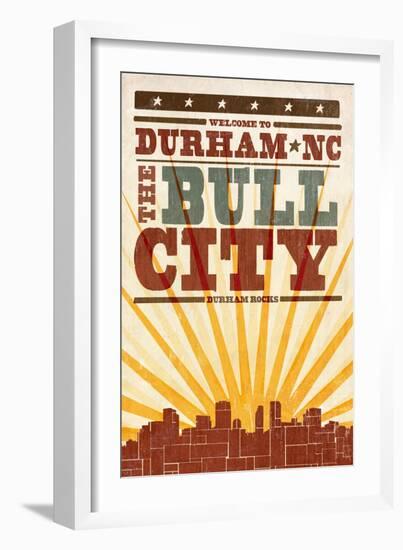 Durham, North Carolina - Skyline and Sunburst Screenprint Style-Lantern Press-Framed Art Print