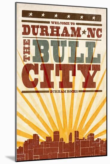 Durham, North Carolina - Skyline and Sunburst Screenprint Style-Lantern Press-Mounted Art Print