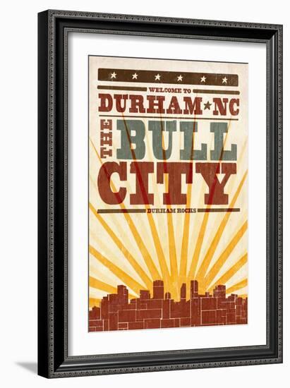 Durham, North Carolina - Skyline and Sunburst Screenprint Style-Lantern Press-Framed Art Print