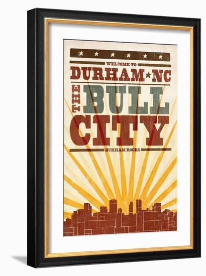 Durham, North Carolina - Skyline and Sunburst Screenprint Style-Lantern Press-Framed Art Print