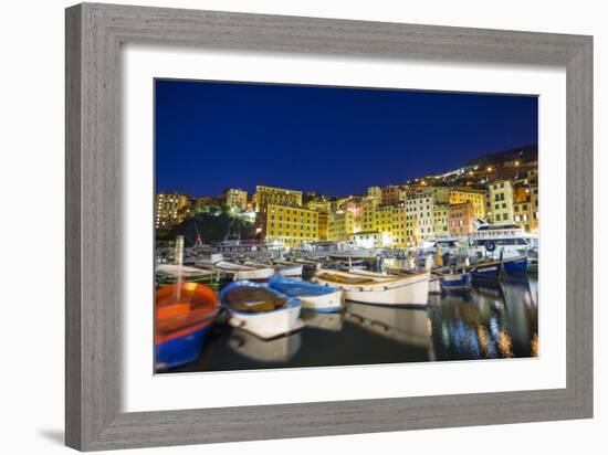 Dusk light on harbour and fishing village of Camogli, Gulf of Paradise, Portofino Nat'l Park, Italy-Roberto Moiola-Framed Photographic Print