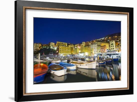 Dusk light on harbour and fishing village of Camogli, Gulf of Paradise, Portofino Nat'l Park, Italy-Roberto Moiola-Framed Photographic Print