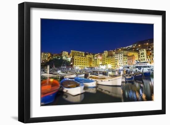 Dusk light on harbour and fishing village of Camogli, Gulf of Paradise, Portofino Nat'l Park, Italy-Roberto Moiola-Framed Photographic Print