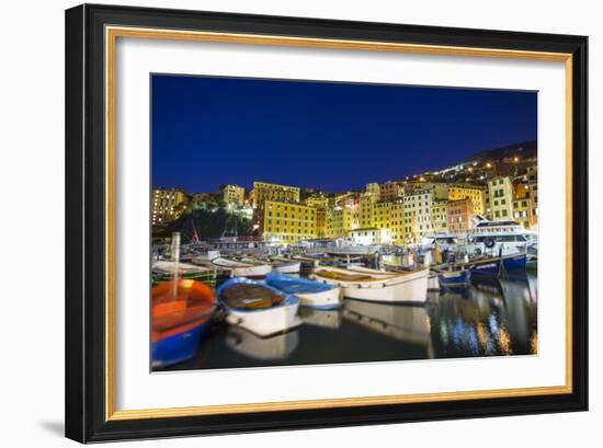 Dusk light on harbour and fishing village of Camogli, Gulf of Paradise, Portofino Nat'l Park, Italy-Roberto Moiola-Framed Photographic Print