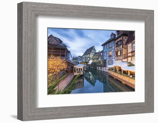 Dusk lights on houses reflected in River Lauch at Christmas, Petite Venise, Colmar, Haut-Rhin depar-Roberto Moiola-Framed Photographic Print