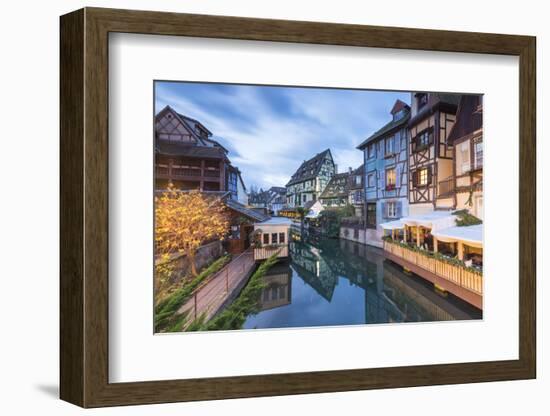 Dusk lights on houses reflected in River Lauch at Christmas, Petite Venise, Colmar, Haut-Rhin depar-Roberto Moiola-Framed Photographic Print