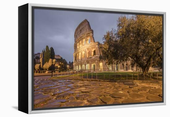 Dusk lights on the Colosseum, the old Flavian Amphitheatre, and symbol of the city, UNESCO World He-Roberto Moiola-Framed Premier Image Canvas