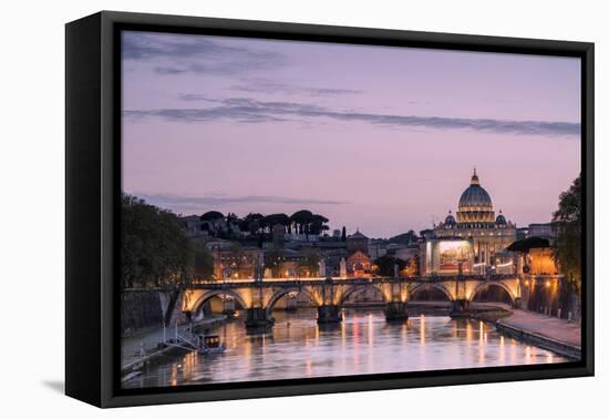 Dusk Lights on Tiber River with Bridge Umberto I and Basilica Di San Pietro in the Background, Rome-Roberto Moiola-Framed Premier Image Canvas
