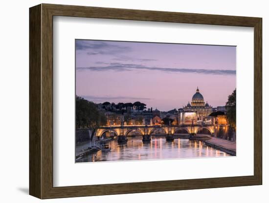 Dusk Lights on Tiber River with Bridge Umberto I and Basilica Di San Pietro in the Background, Rome-Roberto Moiola-Framed Photographic Print