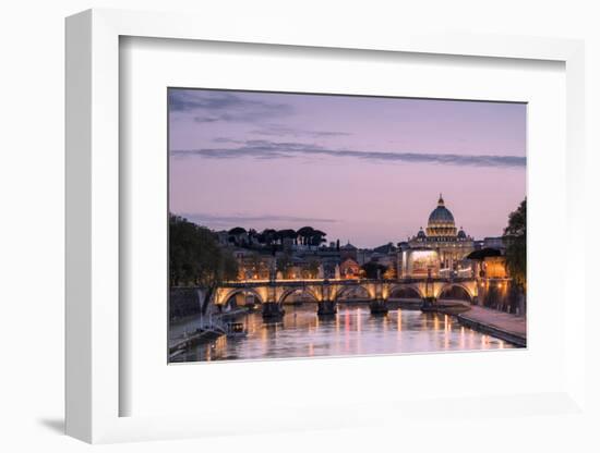 Dusk Lights on Tiber River with Bridge Umberto I and Basilica Di San Pietro in the Background, Rome-Roberto Moiola-Framed Photographic Print