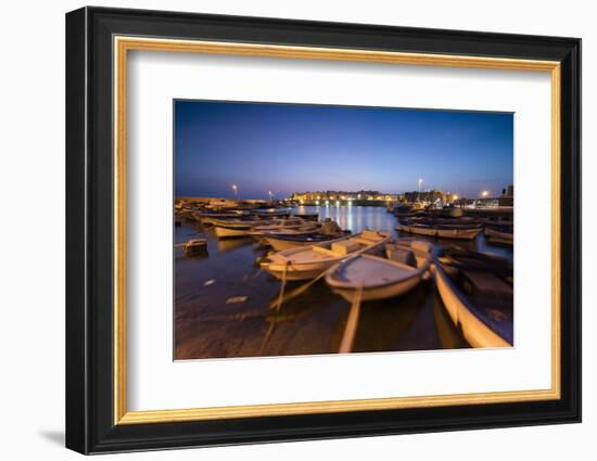 Dusk lights the harbor and the medieval old town of Gallipoli, Province of Lecce, Apulia, Italy, Eu-Roberto Moiola-Framed Photographic Print