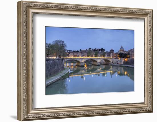 Dusk on Tiber River with Umberto I Bridge and Basilica Di San Pietro in Vatican in Background-Roberto Moiola-Framed Photographic Print