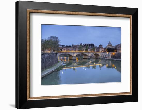 Dusk on Tiber River with Umberto I Bridge and Basilica Di San Pietro in Vatican in Background-Roberto Moiola-Framed Photographic Print