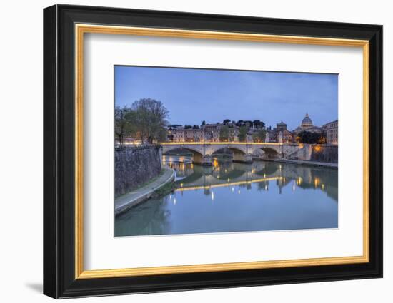 Dusk on Tiber River with Umberto I Bridge and Basilica Di San Pietro in Vatican in Background-Roberto Moiola-Framed Photographic Print