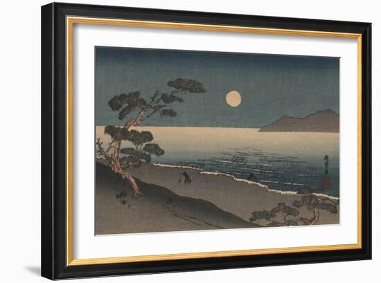 Dusk Oven and Ocean Shore with a Sole Man Carrying Buckets on the Beach-null-Framed Premium Giclee Print