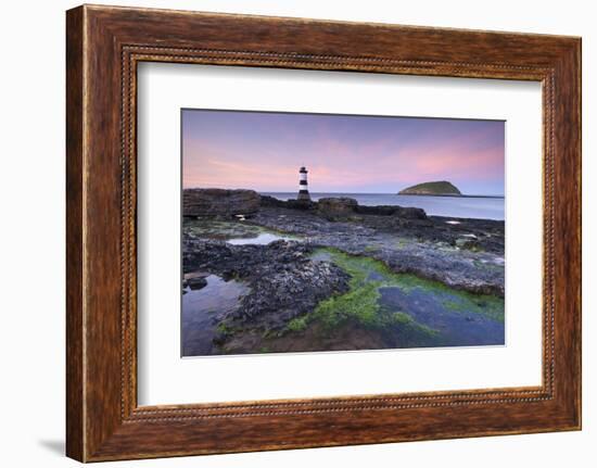 Dusk over Penmon Point Lighthouse and Puffin Island, Isle of Anglesey, Wales, UK. Spring-Adam Burton-Framed Photographic Print