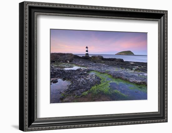 Dusk over Penmon Point Lighthouse and Puffin Island, Isle of Anglesey, Wales, UK. Spring-Adam Burton-Framed Photographic Print