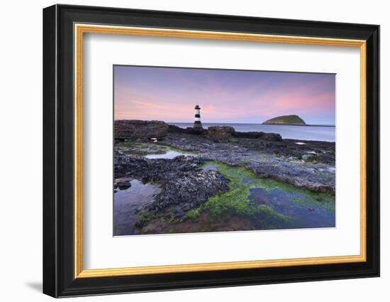 Dusk over Penmon Point Lighthouse and Puffin Island, Isle of Anglesey, Wales, UK. Spring-Adam Burton-Framed Photographic Print