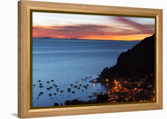 Dusk over the Town of Copacabana and Lake Titicaca-Alex Saberi-Framed Premier Image Canvas
