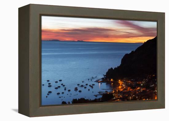 Dusk over the Town of Copacabana and Lake Titicaca-Alex Saberi-Framed Premier Image Canvas