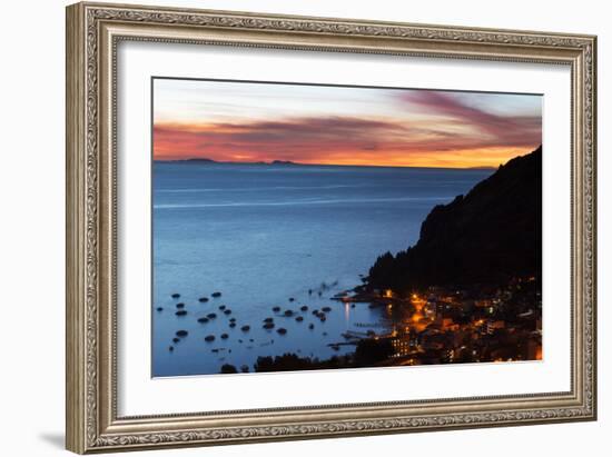 Dusk over the Town of Copacabana and Lake Titicaca-Alex Saberi-Framed Photographic Print