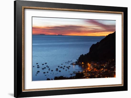 Dusk over the Town of Copacabana and Lake Titicaca-Alex Saberi-Framed Photographic Print