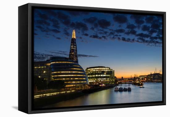 Dusk settles over London after sunset along the River Thames, with the Shard, London, England-Logan Brown-Framed Premier Image Canvas