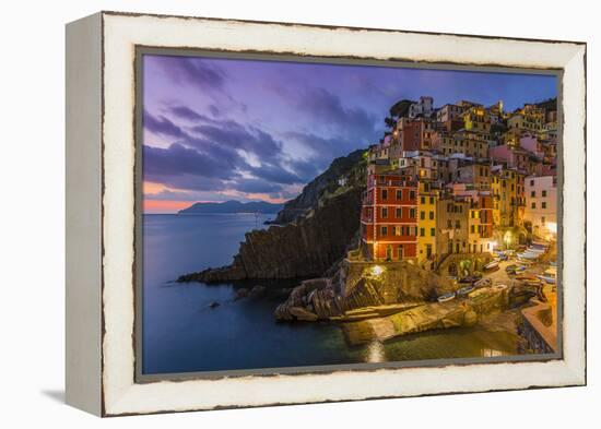 Dusk View of the Colorful Sea Village of Riomaggiore, Cinque Terre, Liguria, Italy-Stefano Politi Markovina-Framed Premier Image Canvas