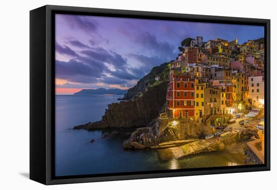 Dusk View of the Colorful Sea Village of Riomaggiore, Cinque Terre, Liguria, Italy-Stefano Politi Markovina-Framed Premier Image Canvas