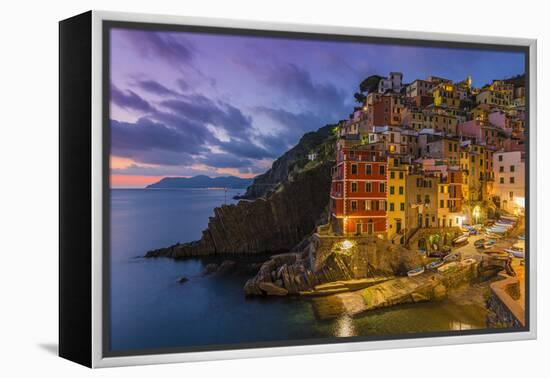 Dusk View of the Colorful Sea Village of Riomaggiore, Cinque Terre, Liguria, Italy-Stefano Politi Markovina-Framed Premier Image Canvas