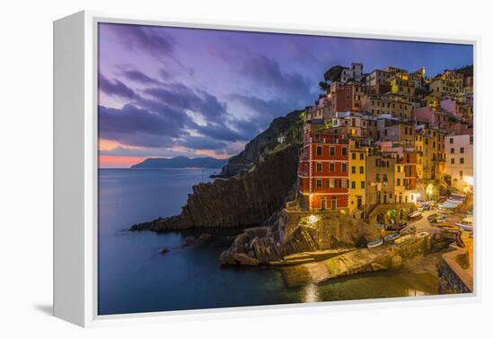 Dusk View of the Colorful Sea Village of Riomaggiore, Cinque Terre, Liguria, Italy-Stefano Politi Markovina-Framed Premier Image Canvas