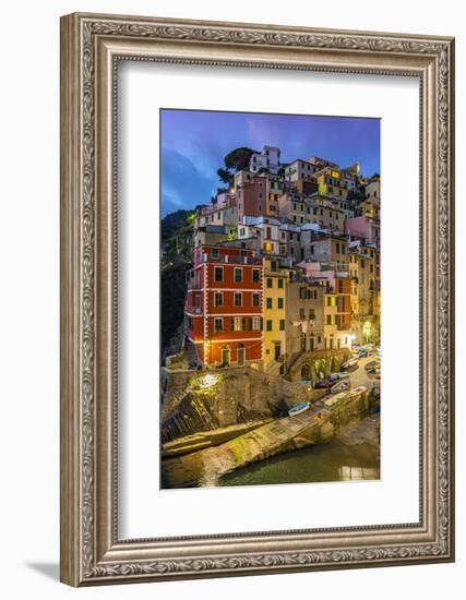 Dusk View of the Colorful Sea Village of Riomaggiore, Cinque Terre, Liguria, Italy-Stefano Politi Markovina-Framed Photographic Print