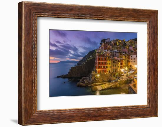 Dusk View of the Colorful Sea Village of Riomaggiore, Cinque Terre, Liguria, Italy-Stefano Politi Markovina-Framed Photographic Print