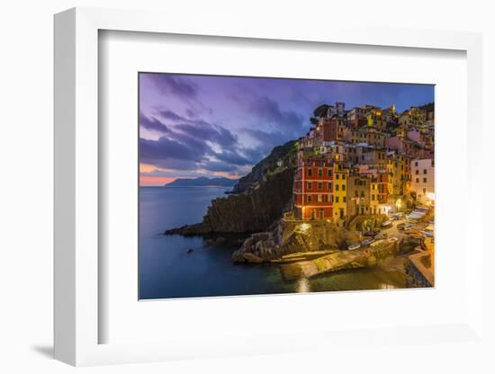 Dusk View of the Colorful Sea Village of Riomaggiore, Cinque Terre, Liguria, Italy-Stefano Politi Markovina-Framed Photographic Print