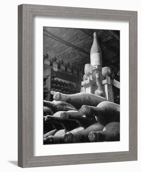 Dust Covered Wine and Brandy Bottles Lying on Racks in a Wine Cellar-Nina Leen-Framed Photographic Print